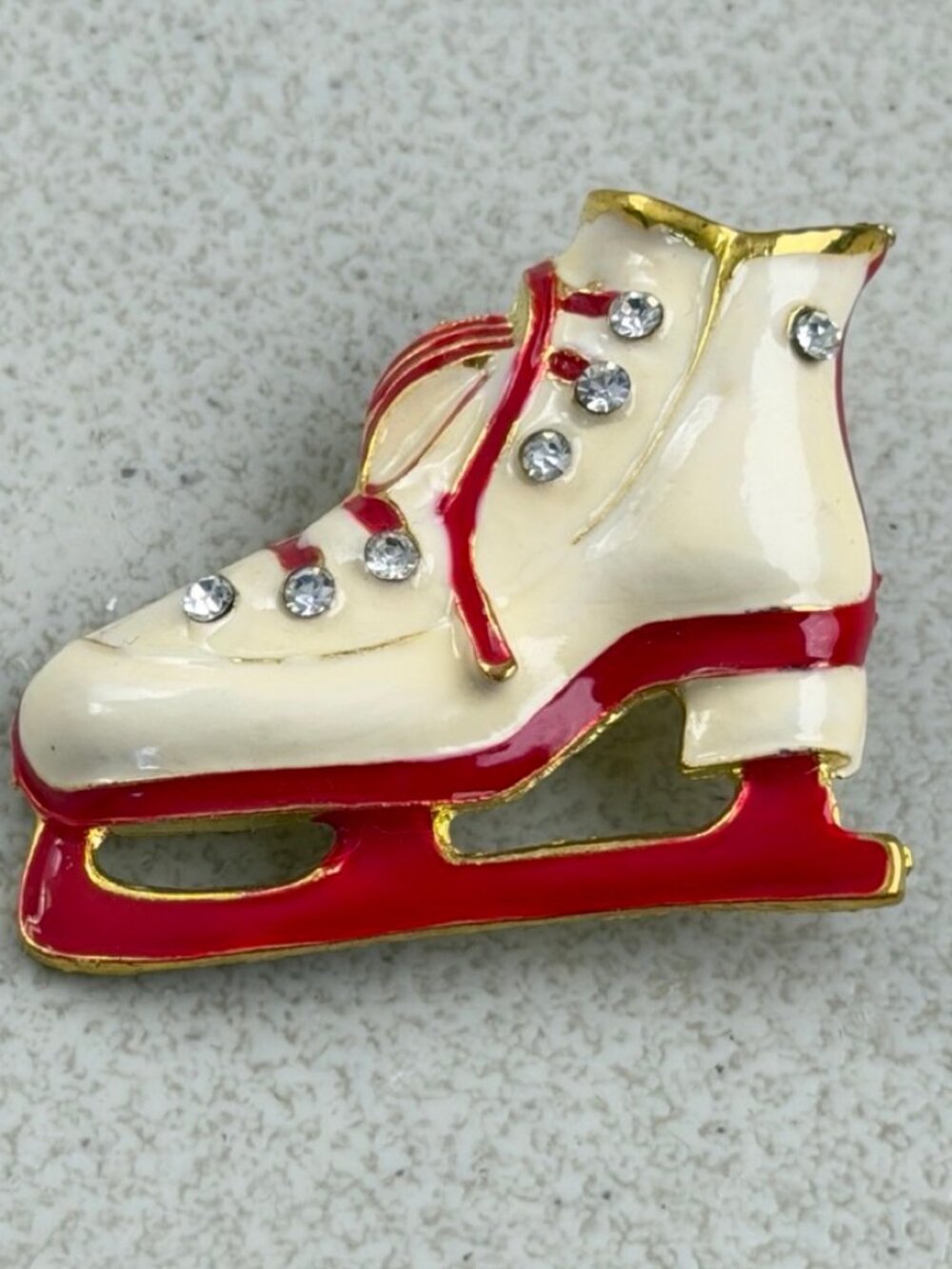 Vintage Ice Skate Pin White Red Enamel Rhinestone Lapel Brooch Winter Skater